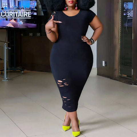 #57 Women's Clothing Of Large Sizes Ladies Casual Plus Size Dress Solid Ripped Short Sleeve Dresses Robe Grande Taille