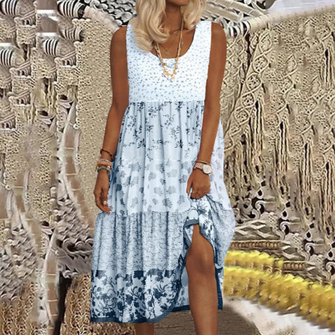 #58 Dress Women Summer  Casual O-neck Print Dress Loose Sleeveless Splicing Midi Dresses For Beach Holiday 2022 Vestidos