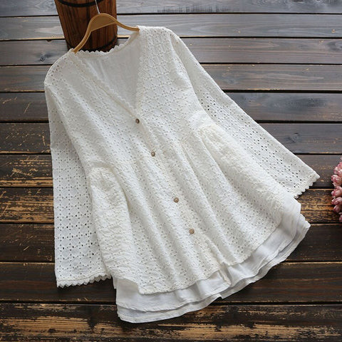 5843 spring women sweety mori girl hollow embroidery blouse V-Neck long sleeve Cotton women loose shirt tops