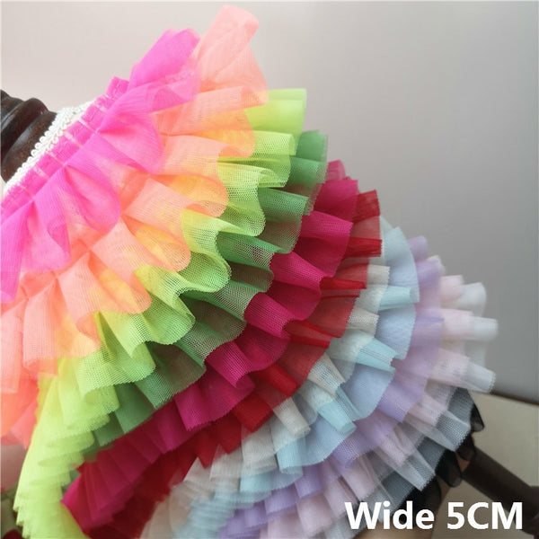 5CM Wide Double Layers Mesh Pleated Lace Ribbon Fold Ruffle Trim Guipure Fabric Appliques Dresses DIY Sewing Trimmings Supplies