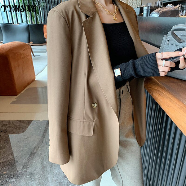 5XL Large Size Women's Office Jacket  Autumn and Winter Double-breasted Loose Long-sleeved Ladies Jacket Elegant