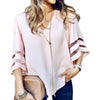 5XL Plus Size Loose V Neck Womens Tops And Blouses 3/4 Flare Sleeves Mesh Stitching Patchwork White Shirts Blouse Ladies Blusas