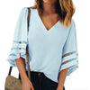 5XL Plus Size Loose V Neck Womens Tops And Blouses 3/4 Flare Sleeves Mesh Stitching Patchwork White Shirts Blouse Ladies Blusas