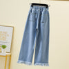 5XL Plus Size Straight Jeans For Women 2022 Spring Autumn Tassels Blue Loose Denim Trousers Elastic Waist Wide Leg Pants