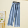 5XL Plus Size Straight Jeans For Women 2022 Spring Autumn Tassels Blue Loose Denim Trousers Elastic Waist Wide Leg Pants