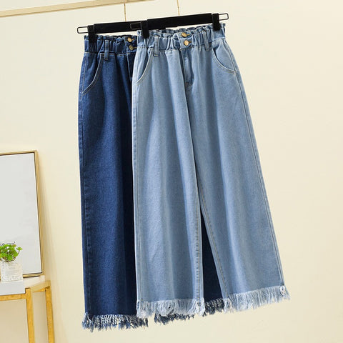 5XL Plus Size Straight Jeans For Women 2022 Spring Autumn Tassels Blue Loose Denim Trousers Elastic Waist Wide Leg Pants