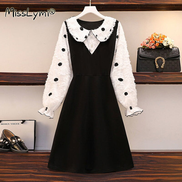 5XL Plus Size Women Tassel Dress Spring 2022 Cute Peter Pan Collar White Polka Dot Long Sleeve Patchwork Black A-Line Dresses