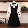 5XL Plus Size Women Tassel Dress Spring 2022 Cute Peter Pan Collar White Polka Dot Long Sleeve Patchwork Black A-Line Dresses