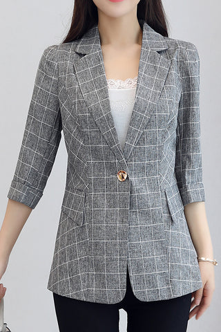 5XL Summer Autumn New Cotton Linen Woman Coat Female Houndstooth Plaid Office Lady Single Button Elegant Blazer Feminino P263
