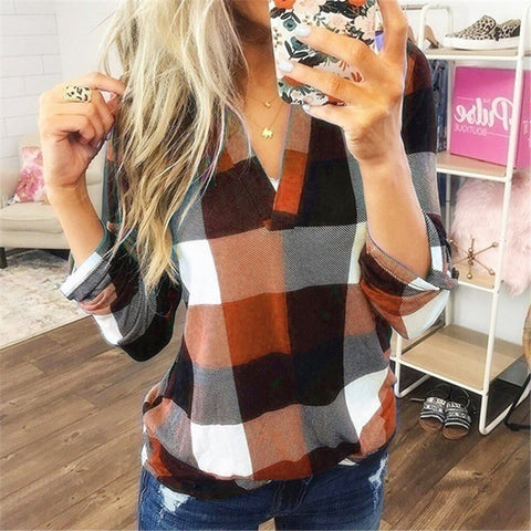 5xl Plus Size Plaid Women's Tunic Casual Long Sleeve V Neck Tunic Top Printng Blouse Wimen Топ С Длинным Рукавом