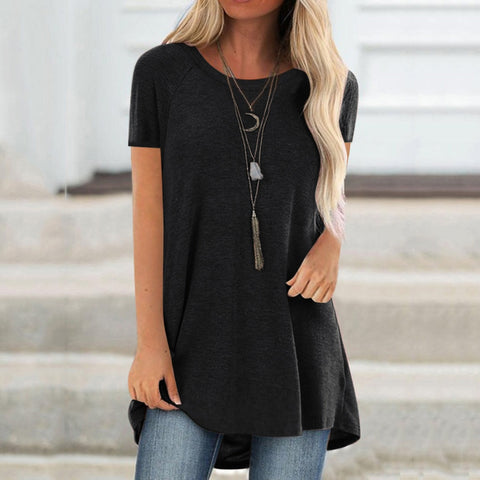 5xl Plus Size Women's Tunic Soild Long Shirts Round Neck Short Sleeve Casual Blouses Summer Women Clothing Bluzka Damska