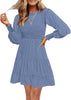 Women's 2023 Casual Long Sleeve Smocked Crew Neck Elastic Waist Flowy Tiered Mini Dress