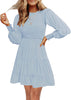 Women's 2023 Casual Long Sleeve Smocked Crew Neck Elastic Waist Flowy Tiered Mini Dress