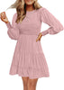 Women's 2023 Casual Long Sleeve Smocked Crew Neck Elastic Waist Flowy Tiered Mini Dress