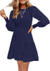 Women's 2023 Casual Long Sleeve Smocked Crew Neck Elastic Waist Flowy Tiered Mini Dress