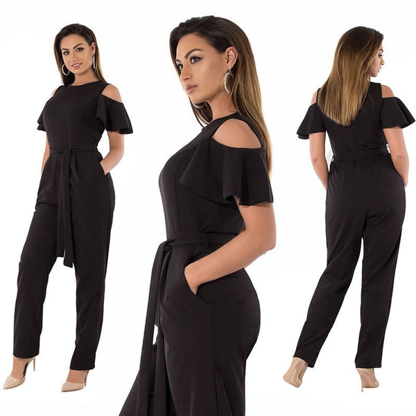 6XL Plus Size Summer Jumpsuits Women Clothing Fashion Large Size Off Shoulder Ruffles Short Sleeve Jumpsuits Long Pants Red Belt