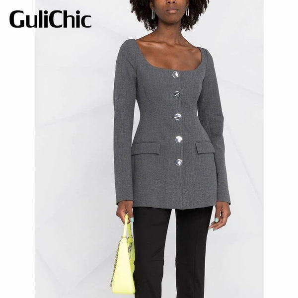 7.27 GuliChic Women Scoop Neck Single Breasted Collect Waist Slim Midi Blazer