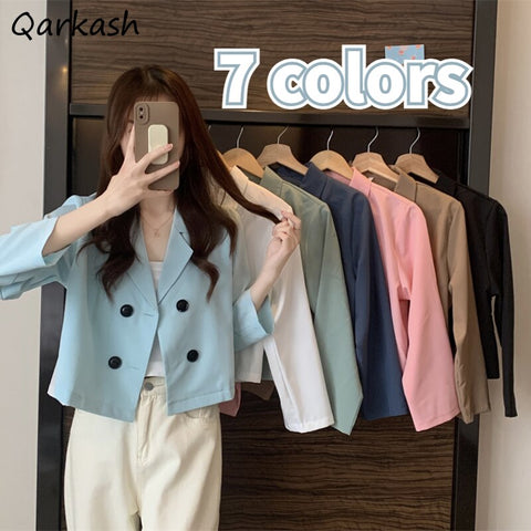 7 Pure Colors Blazers Spring Long Sleeve Tender Cropped  Sweet Outerwear Females College Harajuku Vintage Retro Chic