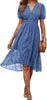 Women's Floral Wrap V-Neck Midi Dress Short Sleeve Boho Summer Beach Long Dress High Low Hem Smocked Dress Women