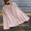 7383 Spring Women Shirt Chinese Style Retro Buckle Floral Embroidery Linen Loose O-Neck Long Sleeve Blouse Women