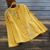7383 Spring Women Shirt Chinese Style Retro Buckle Floral Embroidery Linen Loose O-Neck Long Sleeve Blouse Women