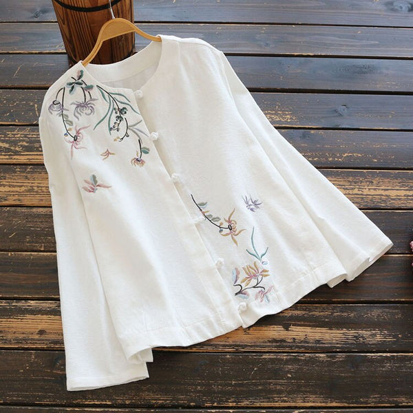 7383 Spring Women Shirt Chinese Style Retro Buckle Floral Embroidery Linen Loose O-Neck Long Sleeve Blouse Women