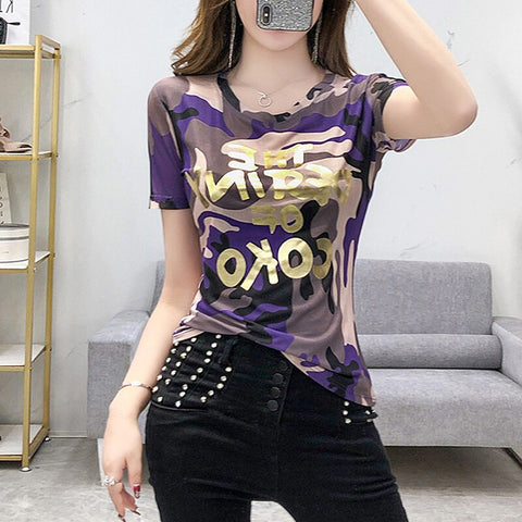 #7612 Camouflage T Shirt Women Letters Printed T-shirt Female Thin Korean Style Casual Basic Short Sleeve T-shirts Slim Summer