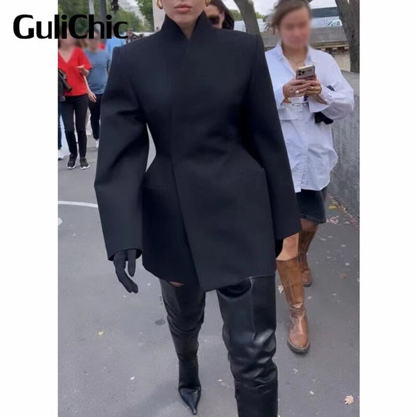 8.8 GuliChic Women Solid Color Long Sleeve Stand Collar Collect Waist Midi Blazer Blogger Same