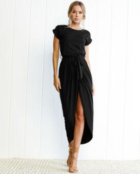 8 Colors Split Long Dress Fashion Women O-Neck Maxi Dress Summer Short Sleeve Solid Dress with Belt Vestidos S-2XL ~~