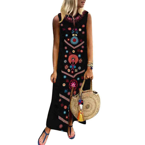 80% SALES!!! Boho Plus Size Summer Beach Floral Print Lady Split Sleeveless Kaftan Maxi Dress