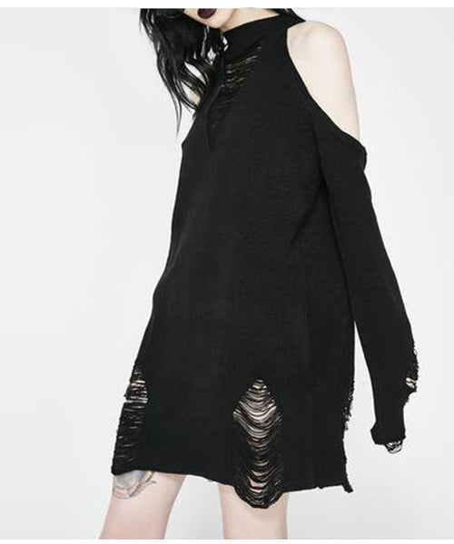 80s Long Emo Damage Hole Knit Sweaters Drop Shoulder Women Punk Hollow Out Pullover Jumpers Black Gothic Broken Harajuku Sweater
