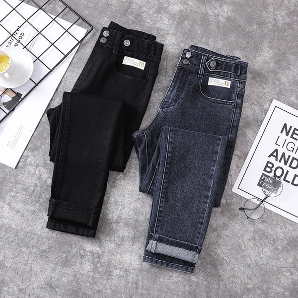 843 Fall Women High Waist Jeans Stretch Skinny Korean Style All-Match Chic Double Button High Street Female Denim Pants