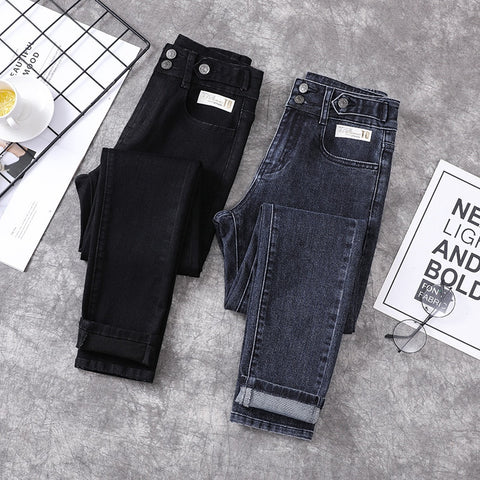 843 Fall Women High Waist Jeans Stretch Skinny Korean Style All-Match Chic Double Button High Street Female Denim Pants