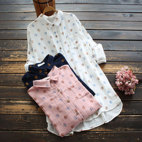 8753 Spring Women Long Shirt Japan Style Literary Turndown Collar Print Cotton Long Sleeve Loose Blouse Women