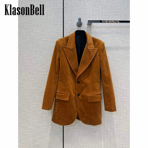 9.1 KlasonBell Vintage Temperament Corduroy Single Breasted Back Split Collect Waist Midi Blazer Women