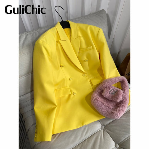 9.16 GuliChic Women Simple Yellow Loose Double Breasted Long Sleeve Shoulder Pads Casual Midi Blazer