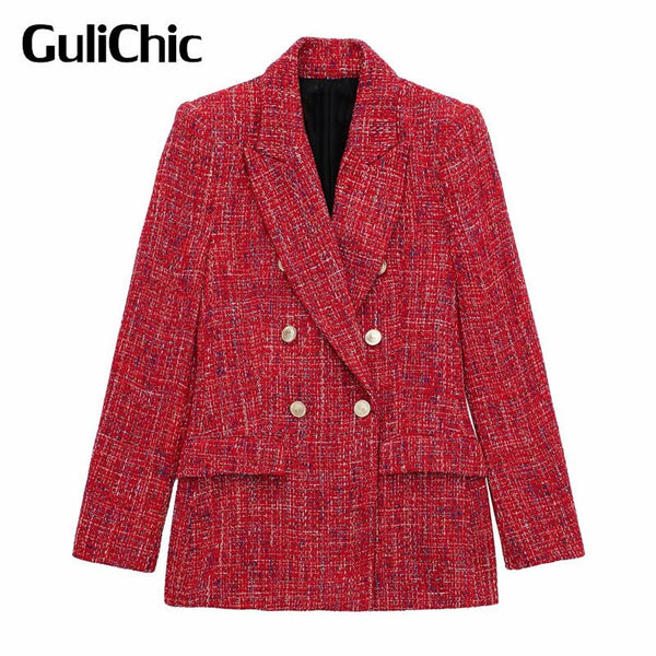 9.29 GuliChic Women Elegant Textured Double Breasted Long Sleeve Loose Blazer