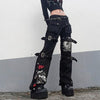 90s Emo Y2k Pants Hip Hop Jeans Retro Women Chain Stripe Gauze Patchwork Wide Leg Kpop Loose Baggy Pants Streetwear Alt Trousers