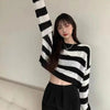 90s Harajuku Cropped Sweater Sexy Tops Women Black White Striped Pullover Knitted Sweater Women Korean Jumper Y2K  Goth