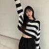 90s Harajuku Cropped Sweater Sexy Tops Women Black White Striped Pullover Knitted Sweater Women Korean Jumper Y2K  Goth