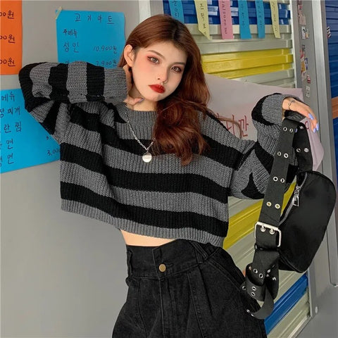 90s Harajuku Cropped Sweater Sexy Tops Women Black White Striped Pullover Knitted Sweater Women Korean Jumper Y2K  Goth