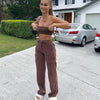90s Vintage Brown Pants Woman Y2K Aesthetic High Waisted Cargo Pants Pocket Straight Long Trousers Ladies Streetwear