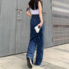 90s Vintage High Waist Denim Pants Loose Cargo Straight Trousers Hip Hop Wear Zebra Stripes Print Women's Jeans