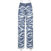 90s Vintage High Waist Denim Pants Loose Cargo Straight Trousers Hip Hop Wear Zebra Stripes Print Women's Jeans
