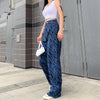 90s Vintage High Waist Denim Pants Loose Cargo Straight Trousers Hip Hop Wear Zebra Stripes Print Women's Jeans