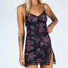 90s Vintage Rose Pattern Cami Dresses Sexy Lace Trim V-neck Split Slim Fit Tight Bodycon Elegant Lady Club Night Mini Dresses