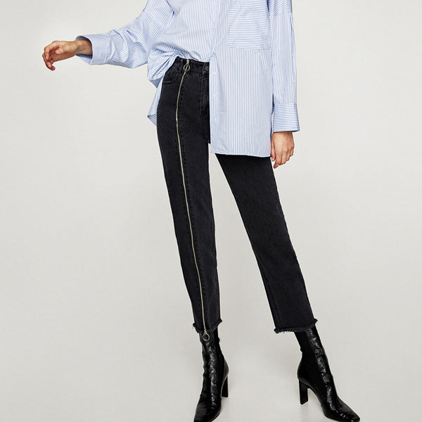 A Forever Autumn Women Oblique Zipper Black Jeans Fashion Burr Denim High Waist Pencil Pants Slim Elastic Nine Pants M-597