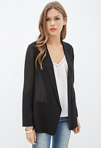 A Forever Spring Black Blazer Women Long Sleeve Notched Black Slim Chiffon Blazer Jacket Fashion Women Casual Suit Jacket AFF369