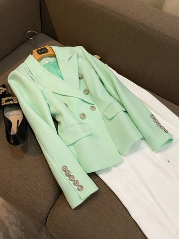 A GIRLS 2023 Classic Baroque High Street Design Long Sleeve Blazer Silver Metal Lion Button Double Breasted Light Green Blazer