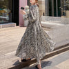 A-Line Dress 2022 Autumn Chiffon Print Women V-Neck Bell Sleeve Pullover Loose Vintage Midi Dresses D09015R